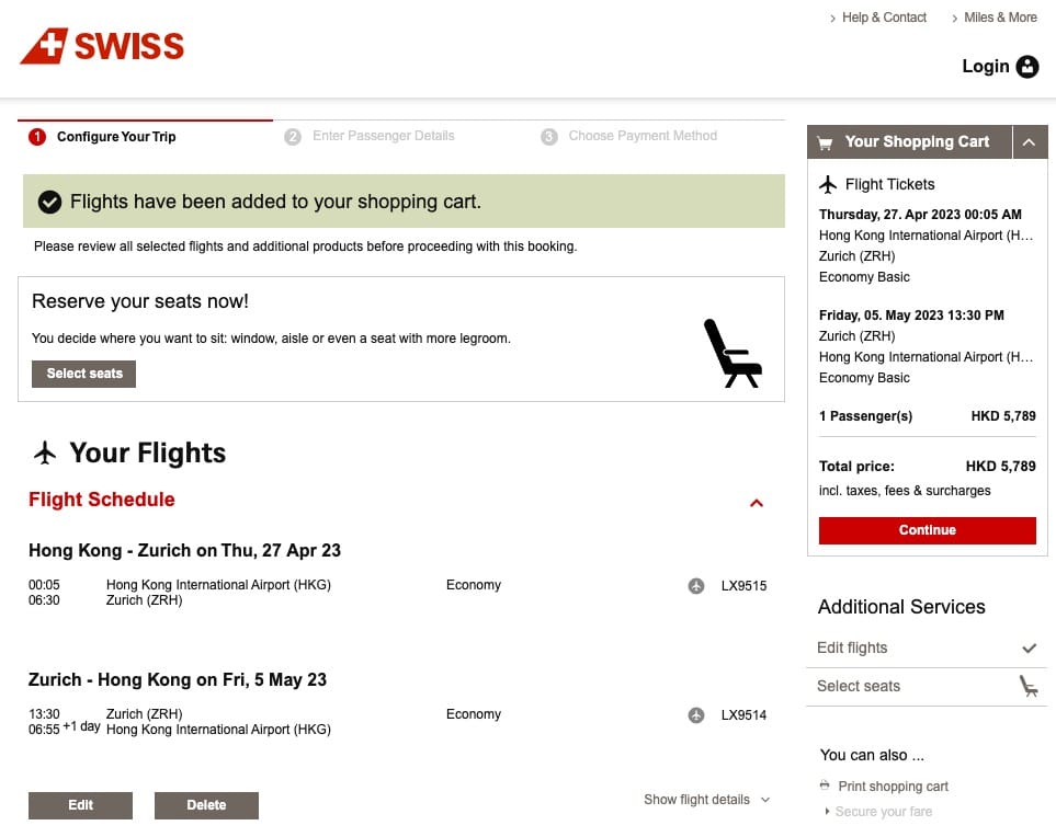 瑞士航空 香港至蘇黎世機票
